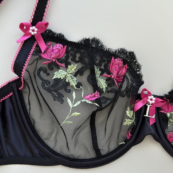 NWT Lounge Bloom Embroidered Balcony Bra 38C Black/Pink - Picture 5 of 6